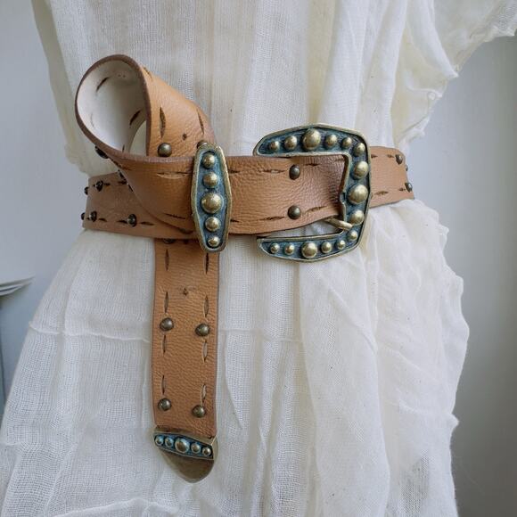 Leatherock USA Studded Leather Belt – Tan & Turquoise Western Cowgirl Statement - Picture 8 of 13